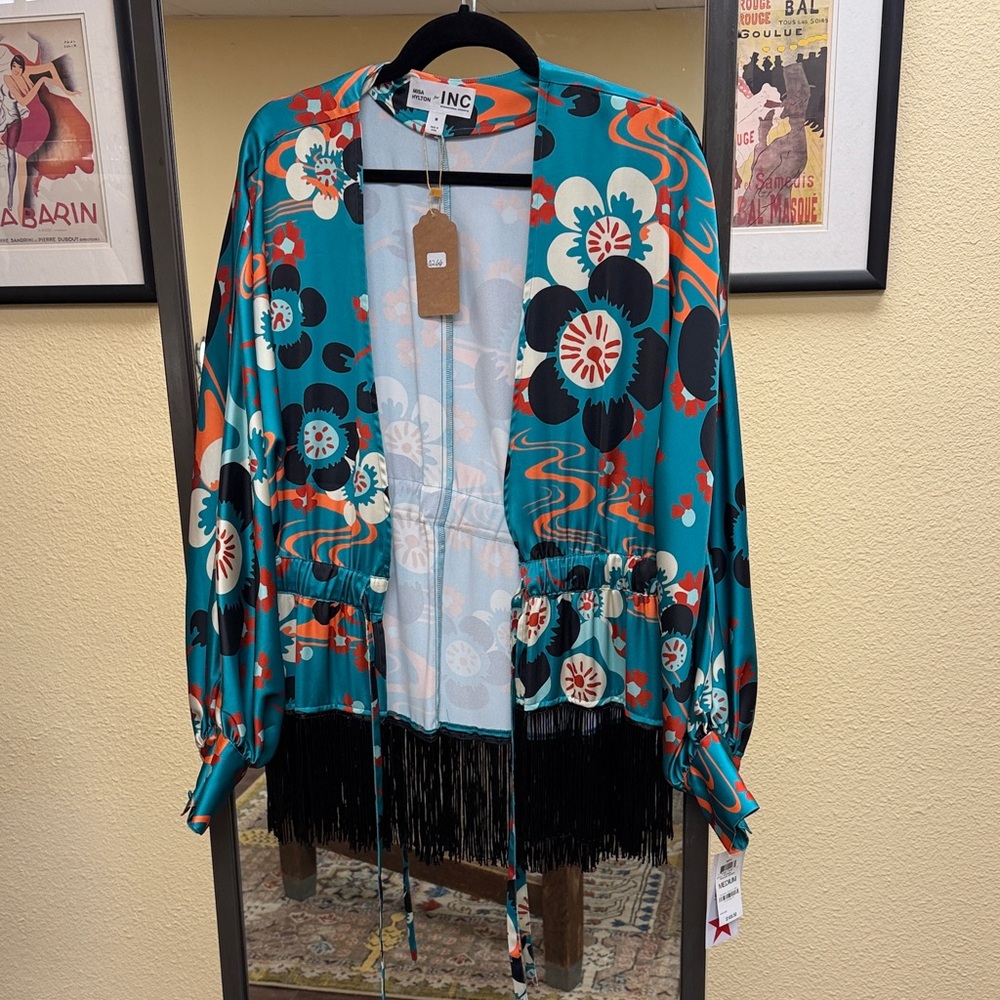 INC International Concepts Women's Floral Kimono Jacket - Teal and Black
